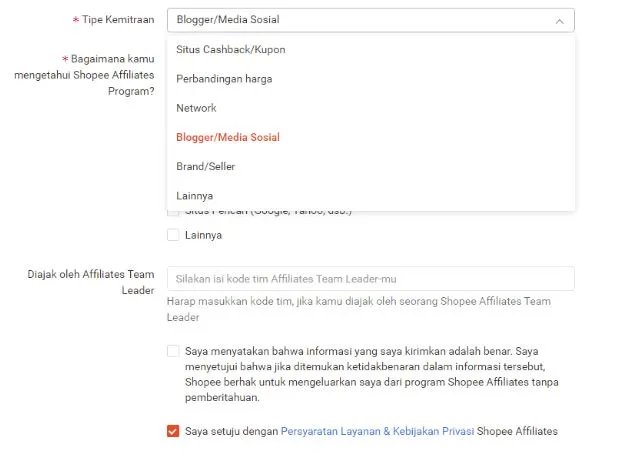 tipe kemitraan shopee affiliate