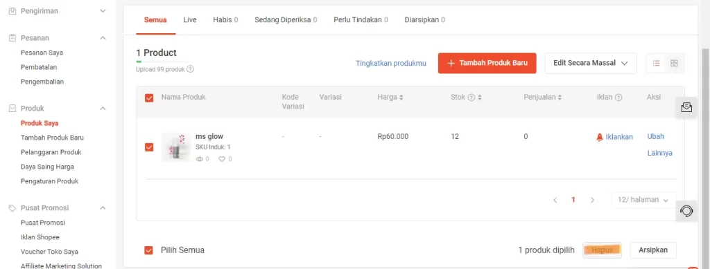 cara menghapus etalase di Shopee